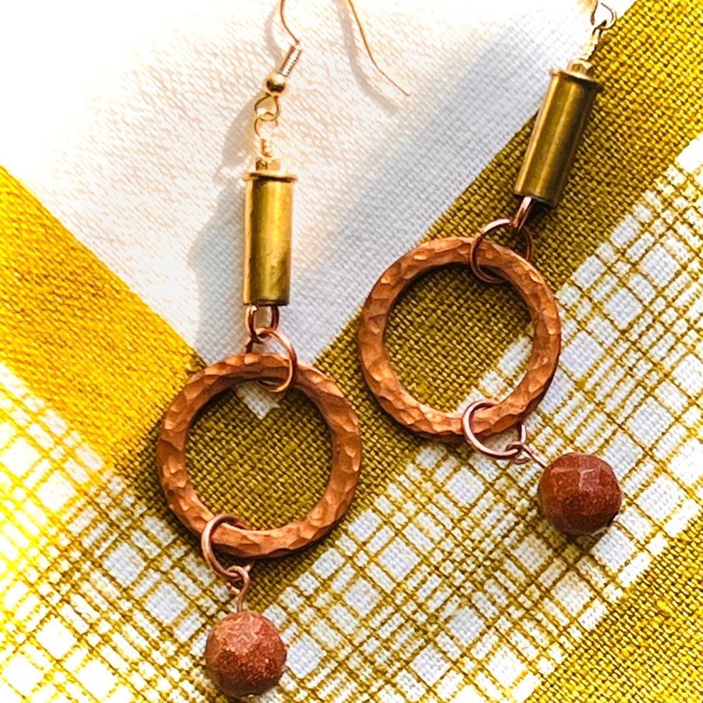 Hand Crafted Boho Earrings hammered Copper and Brass 18k GP Ear Hook
